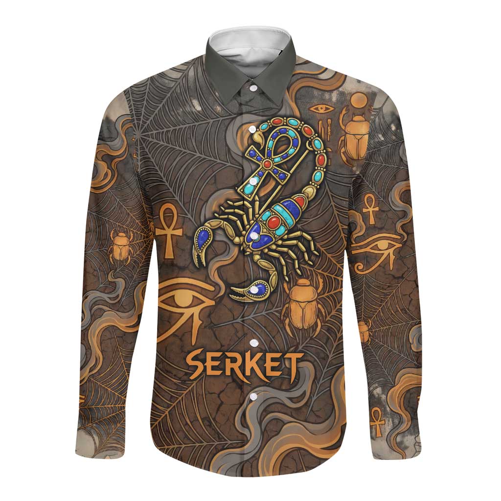 Serket Egyptian Long Sleeve Button Shirt Jeweled Scorpion and Cobweb Motif in Mystical Egyptian