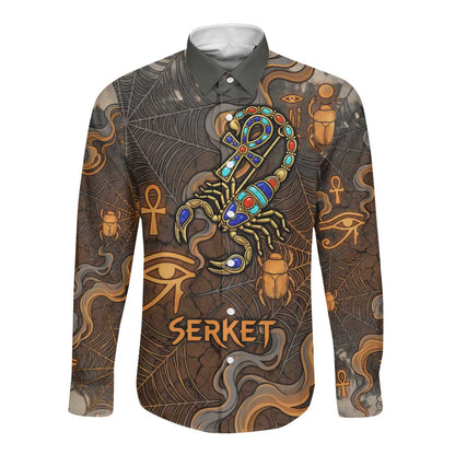 Serket Egyptian Long Sleeve Button Shirt Jeweled Scorpion and Cobweb Motif in Mystical Egyptian