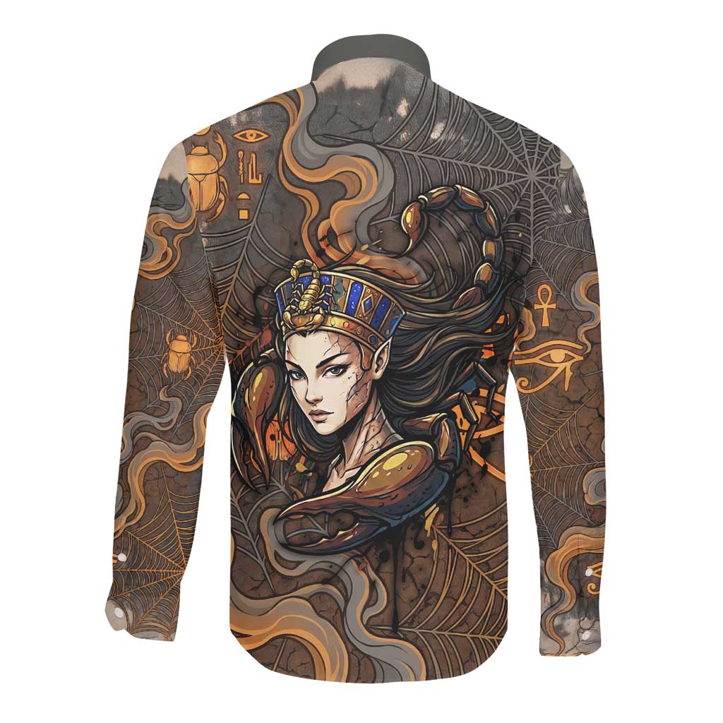 Serket Egyptian Long Sleeve Button Shirt Jeweled Scorpion and Cobweb Motif in Mystical Egyptian