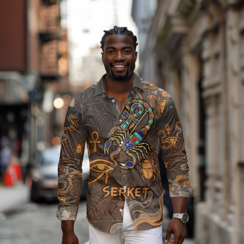 Serket Egyptian Long Sleeve Button Shirt Jeweled Scorpion and Cobweb Motif in Mystical Egyptian