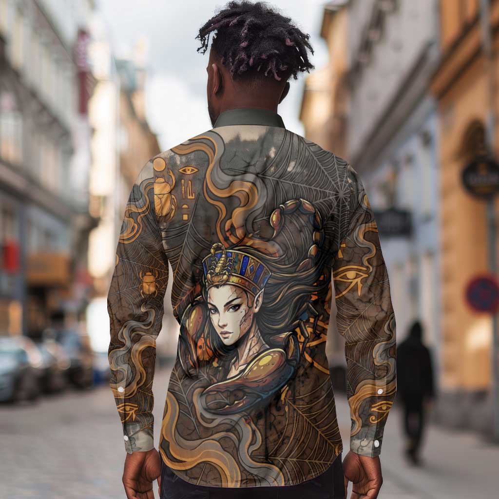Serket Egyptian Long Sleeve Button Shirt Jeweled Scorpion and Cobweb Motif in Mystical Egyptian