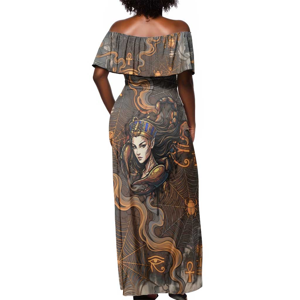 Serket Egyptian Off Shoulder Maxi Dress Jeweled Scorpion and Cobweb Motif in Mystical Egyptian