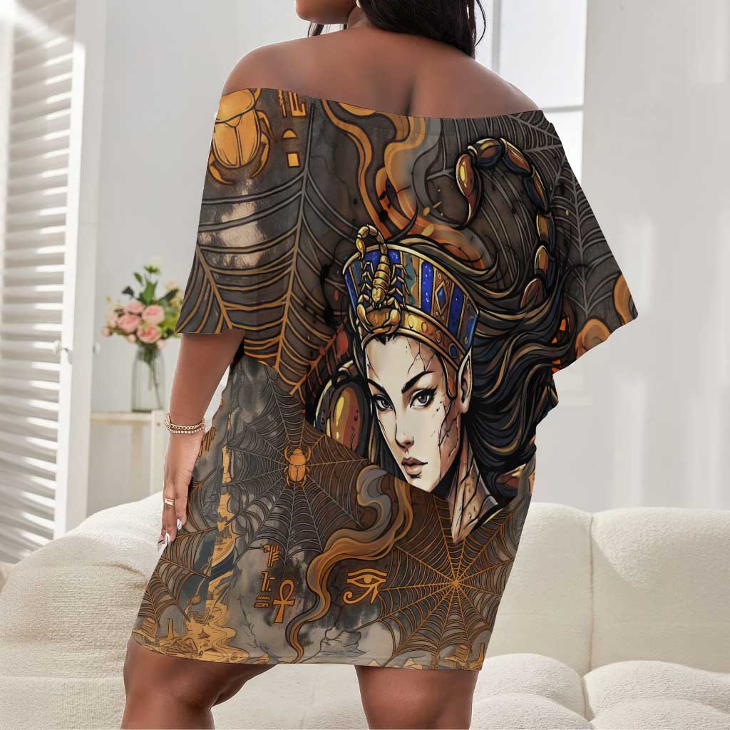 Serket Egyptian Off Shoulder Short Dress Jeweled Scorpion and Cobweb Motif in Mystical Egyptian