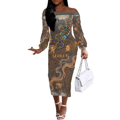 Serket Egyptian Off The Shoulder Long Sleeve Dress Jeweled Scorpion and Cobweb Motif in Mystical Egyptian