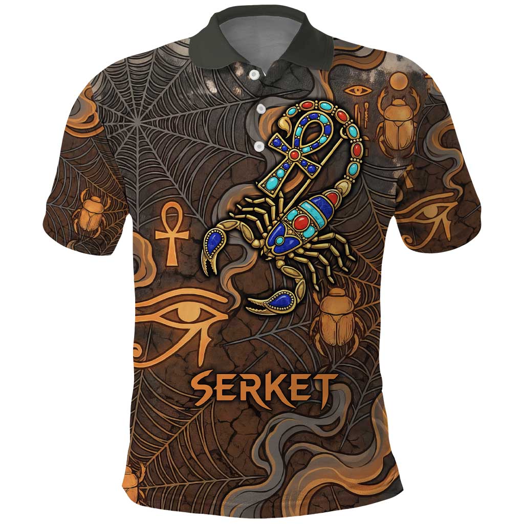 Serket Egyptian Polo Shirt Jeweled Scorpion and Cobweb Motif in Mystical Egyptian