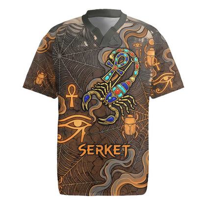 Serket Egyptian Rugby Jersey Jeweled Scorpion and Cobweb Motif in Mystical Egyptian