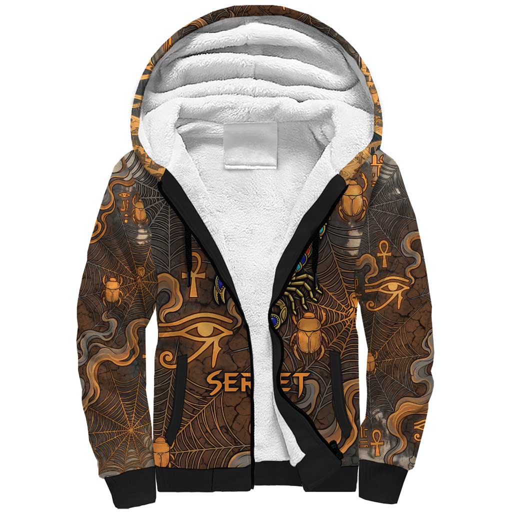 Serket Egyptian Sherpa Hoodie Jeweled Scorpion and Cobweb Motif in Mystical Egyptian