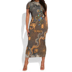 Serket Egyptian Short Sleeve Bodycon Dress Jeweled Scorpion and Cobweb Motif in Mystical Egyptian
