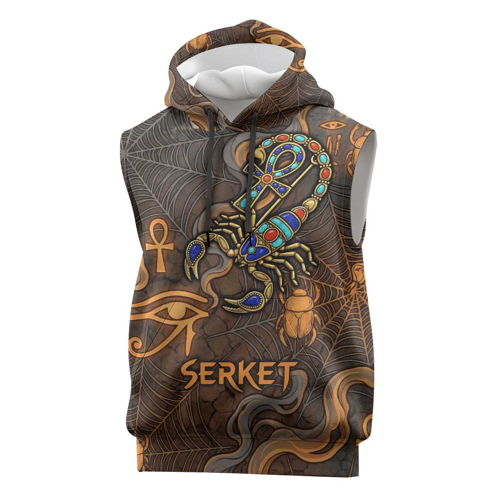 Serket Egyptian Sleeveless Hoodie Jeweled Scorpion and Cobweb Motif in Mystical Egyptian