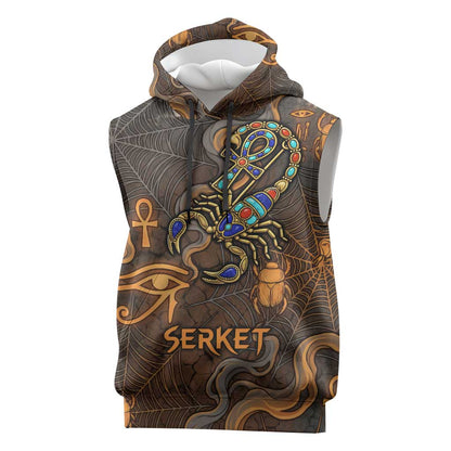 Serket Egyptian Sleeveless Hoodie Jeweled Scorpion and Cobweb Motif in Mystical Egyptian