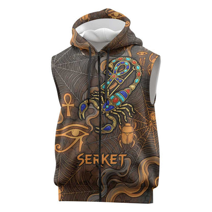 Serket Egyptian Sleeveless Zip Hoodie Jeweled Scorpion and Cobweb Motif in Mystical Egyptian