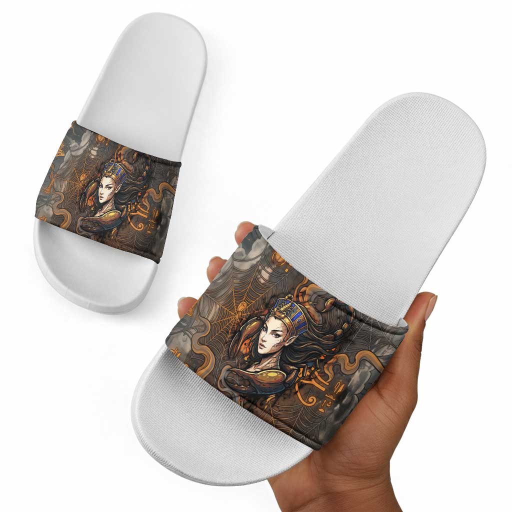 Serket Egyptian Slide Sandals Jeweled Scorpion and Cobweb Motif in Mystical Egyptian