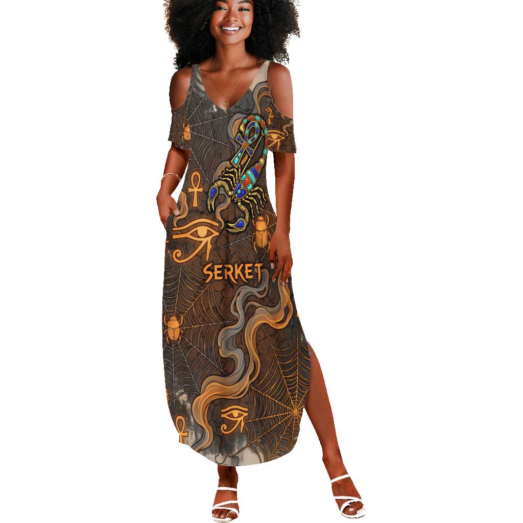 Serket Egyptian Summer Maxi Dress Jeweled Scorpion and Cobweb Motif in Mystical Egyptian