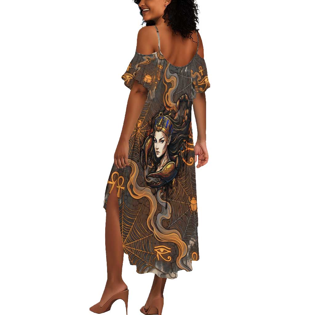 Serket Egyptian Summer Maxi Dress Jeweled Scorpion and Cobweb Motif in Mystical Egyptian