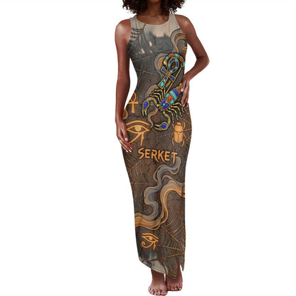 Serket Egyptian Tank Maxi Dress Jeweled Scorpion and Cobweb Motif in Mystical Egyptian