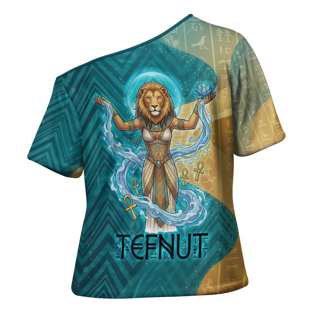 Tefnut Ancient Egyptian Cross Shoulder Shirt with Water Drop and Lion Symbol