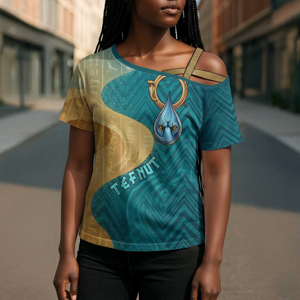 Tefnut Ancient Egyptian Cross Shoulder Shirt with Water Drop and Lion Symbol