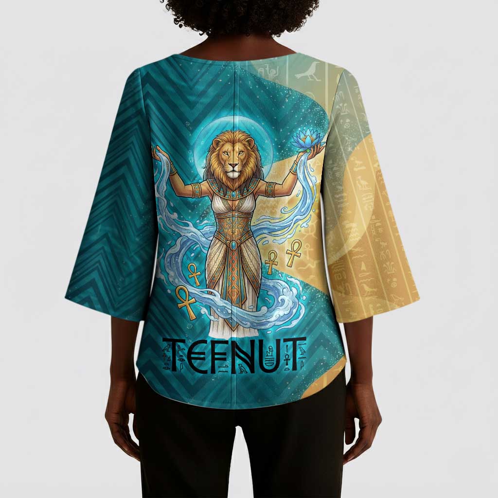 Tefnut Ancient Egyptian Kimono Sleeve Blouse with Water Drop and Lion Symbol
