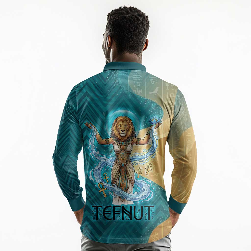 Tefnut Ancient Egyptian Long Sleeve Polo Shirt with Water Drop and Lion Symbol