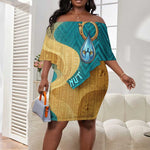 Tefnut Ancient Egyptian Off Shoulder Short Dress with Water Drop and Lion Symbol