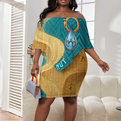 Tefnut Ancient Egyptian Off Shoulder Short Dress with Water Drop and Lion Symbol