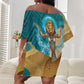 Tefnut Ancient Egyptian Off Shoulder Short Dress with Water Drop and Lion Symbol