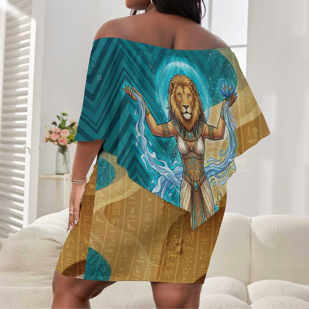Tefnut Ancient Egyptian Off Shoulder Short Dress with Water Drop and Lion Symbol
