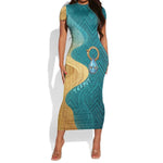 Tefnut Ancient Egyptian Short Sleeve Bodycon Dress with Water Drop and Lion Symbol