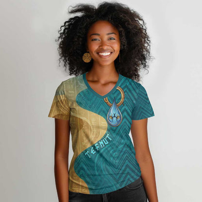Tefnut Ancient Egyptian Women V-Neck T-Shirt with Water Drop and Lion Symbol