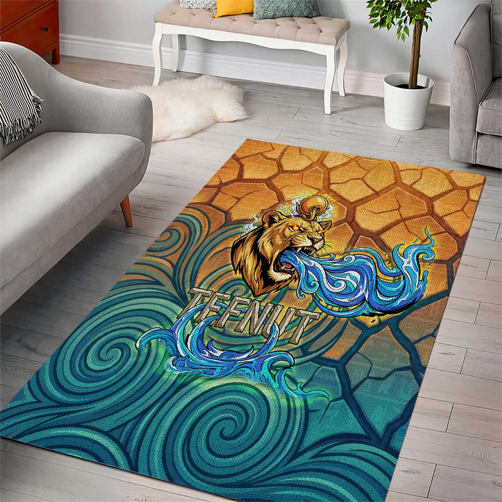 Egyptian Tefnut Fiery Eye Area Rug with Roaring Lion in Desert and Water Element