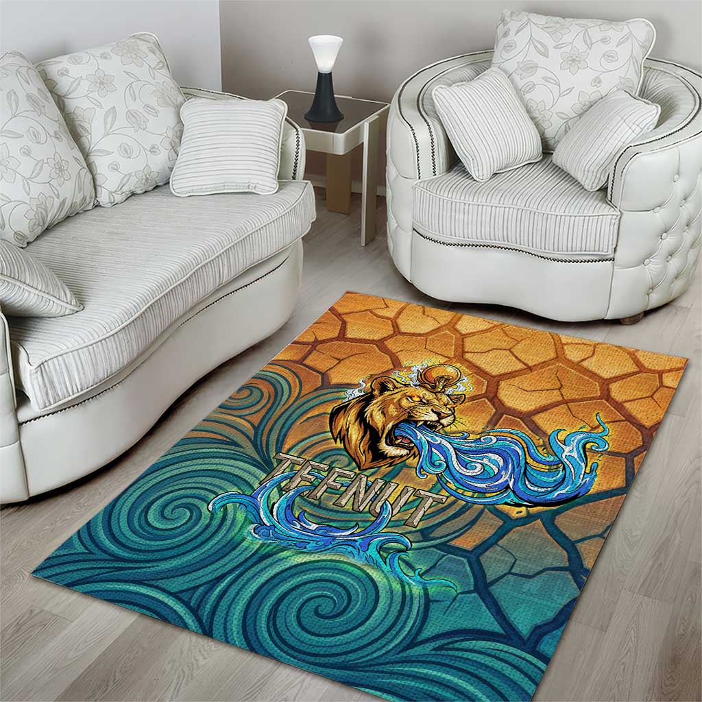 Egyptian Tefnut Fiery Eye Area Rug with Roaring Lion in Desert and Water Element
