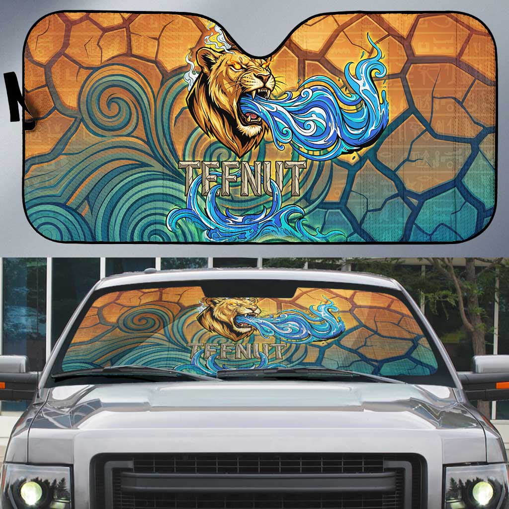 Egyptian Tefnut Fiery Eye Auto Sun Shade with Roaring Lion in Desert and Water Element