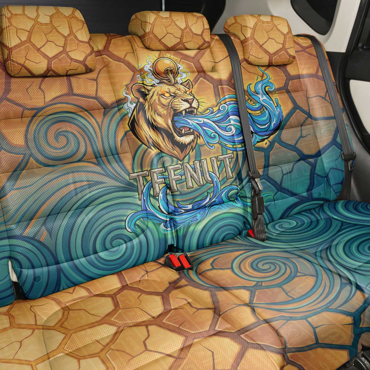 Egyptian Tefnut Fiery Eye Back Car Seat Cover with Roaring Lion in Desert and Water Element