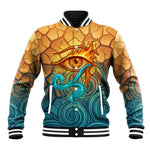 Egyptian Tefnut Fiery Eye Baseball Jacket with Roaring Lion in Desert and Water Element