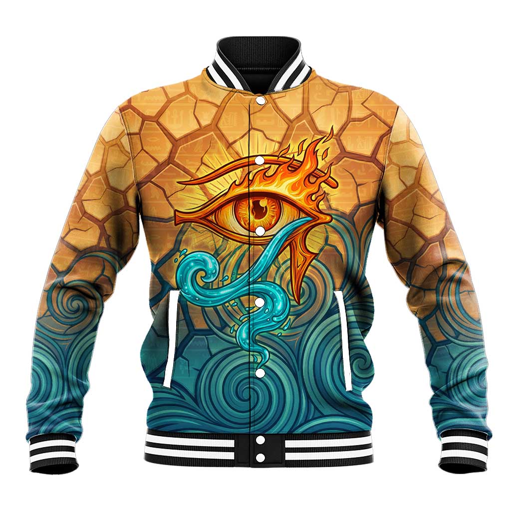 Egyptian Tefnut Fiery Eye Baseball Jacket with Roaring Lion in Desert and Water Element