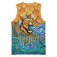 Egyptian Tefnut Fiery Eye Basketball Jersey with Roaring Lion in Desert and Water Element
