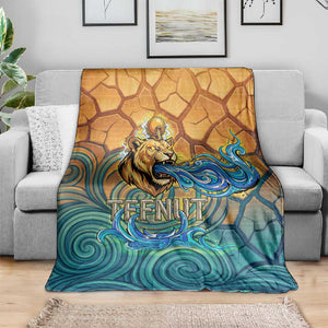 Egyptian Tefnut Fiery Eye Blanket with Roaring Lion in Desert and Water Element