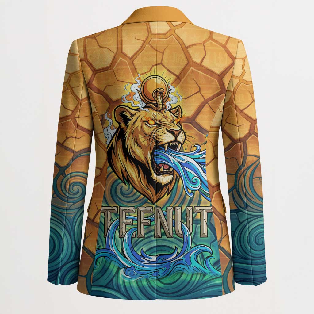 Egyptian Tefnut Fiery Eye Blazer with Roaring Lion in Desert and Water Element