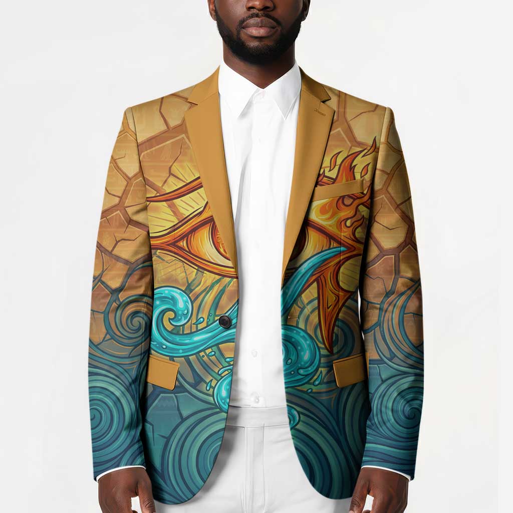 Egyptian Tefnut Fiery Eye Blazer with Roaring Lion in Desert and Water Element