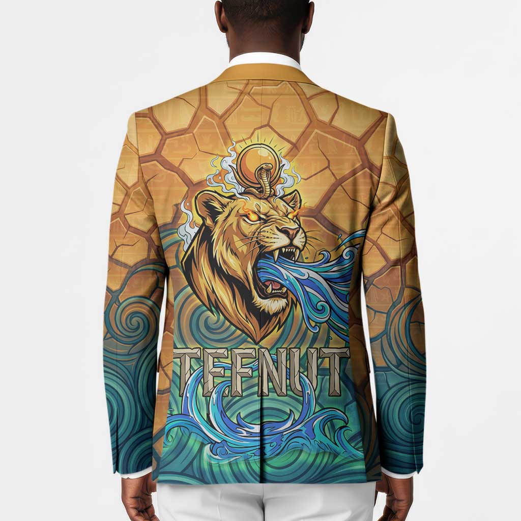 Egyptian Tefnut Fiery Eye Blazer with Roaring Lion in Desert and Water Element