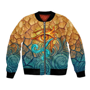 Egyptian Tefnut Fiery Eye Bomber Jacket with Roaring Lion in Desert and Water Element