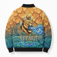 Egyptian Tefnut Fiery Eye Bomber Puffer Jacket with Roaring Lion in Desert and Water Element