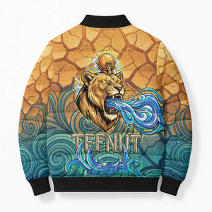 Egyptian Tefnut Fiery Eye Bomber Puffer Jacket with Roaring Lion in Desert and Water Element