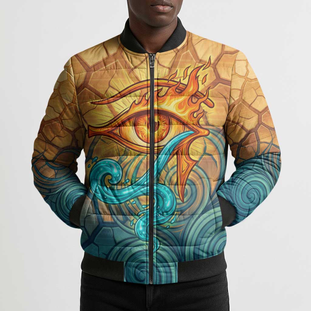 Egyptian Tefnut Fiery Eye Bomber Puffer Jacket with Roaring Lion in Desert and Water Element