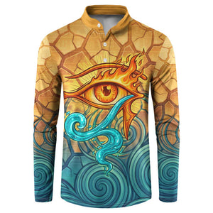 Egyptian Tefnut Fiery Eye Button Sweatshirt with Roaring Lion in Desert and Water Element