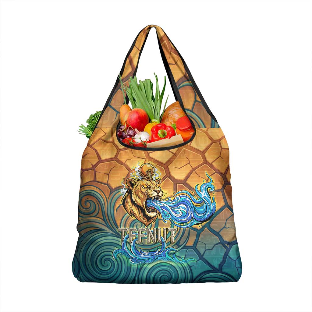 Egyptian Tefnut Fiery Eye Grocery Bag with Roaring Lion in Desert and Water Element