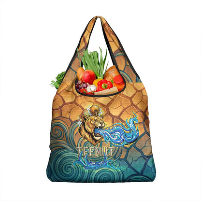 Egyptian Tefnut Fiery Eye Grocery Bag with Roaring Lion in Desert and Water Element