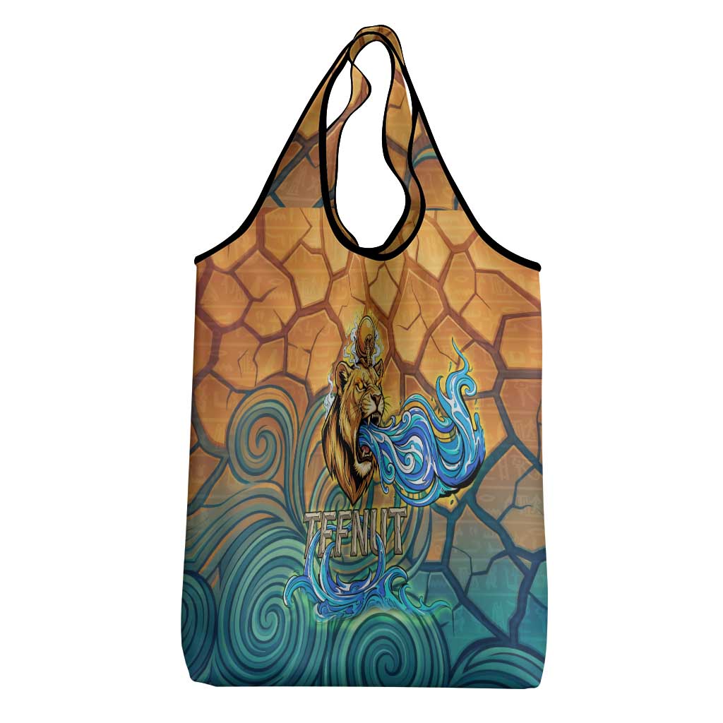 Egyptian Tefnut Fiery Eye Grocery Bag with Roaring Lion in Desert and Water Element