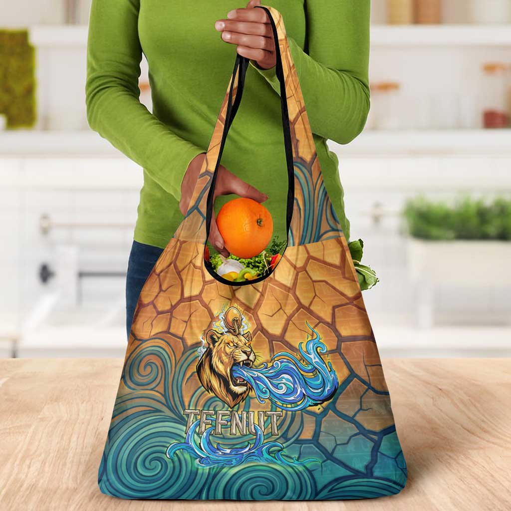 Egyptian Tefnut Fiery Eye Grocery Bag with Roaring Lion in Desert and Water Element