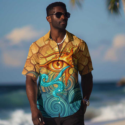 Egyptian Tefnut Fiery Eye Hawaiian Shirt with Roaring Lion in Desert and Water Element